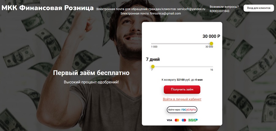 Функционал личного кабинета МФО Финансовая Розница